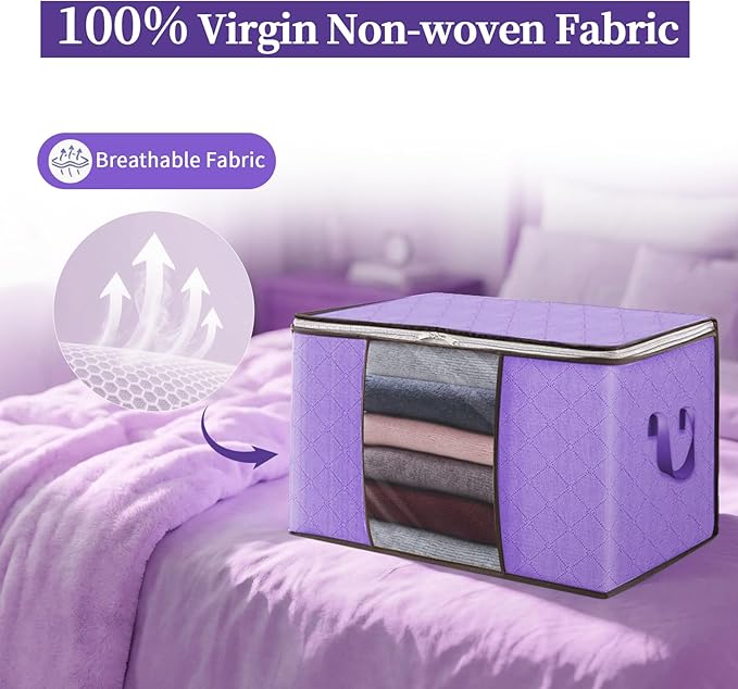 90L Clothes Blanket Storage Bags, 6 Pack Under Bed Storage Bins with Lids, Foldable Closet Organizer with Reinforced Handles for Clothing, Blanket, Comforters, Bed Sheets, Pillows and Toys, Purple