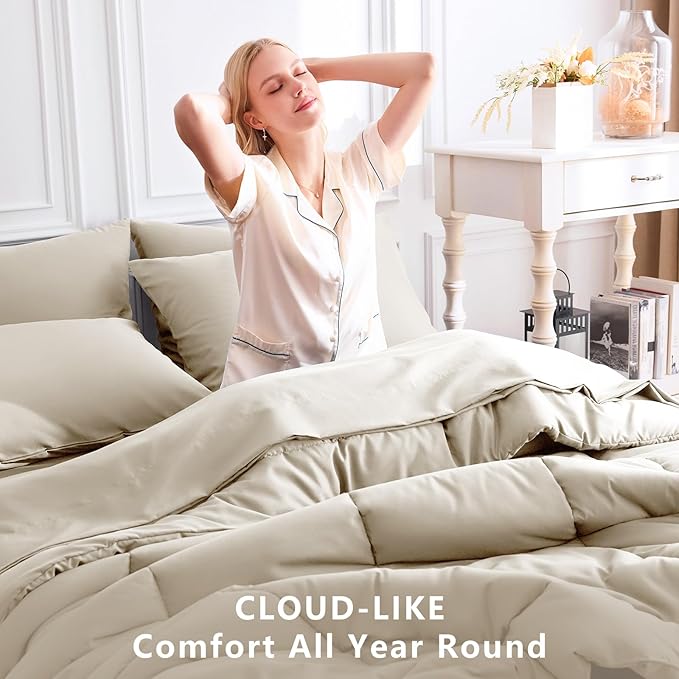 CozyLux King Size Comforter Set Oatmeal, 7 Pieces Bed in a Bag, Oatmeal Comforter King Size, All Season Bedding Sets with Stitch Quilted Comforter, Flat Sheet, Fitted Sheet, Pillowcases