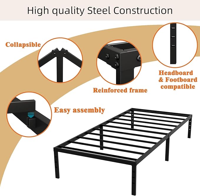 FONTOI Twin Bed Frames, 18 Inch Twin Size Metal Bed Frame with Underbed Storage Space, Heavy Duty Metal Slat Support, Platform Bed with No Box Spring Needed, Noise-Free & Easy Assembly, Black