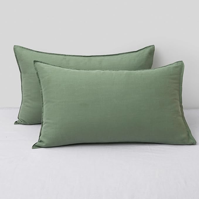 CHUFFED Linen Pillowcases 2 Pack 100% Linen Standard Pillow Cases, Breathable and Cooling Washed Pillowshams with Zipper Closure, 20x36 Inches,Saga Green