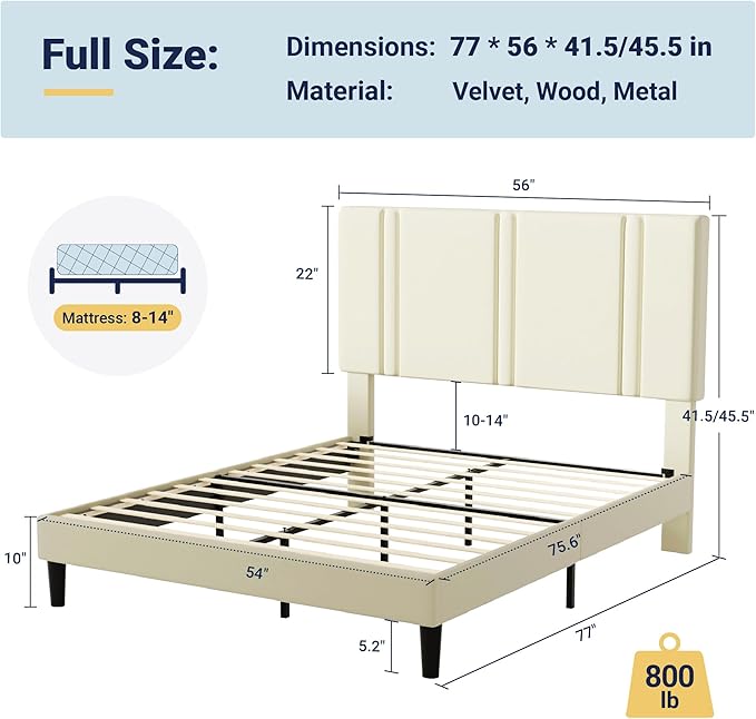 Allewie Full Size Platform Bed Frame with Adjustable Headboard, Plush Velvet Upholstered, Vertical Channel Tufted, Sturdy Wooden Slats, No Box Spring Needed, Easy Assembly, Cream