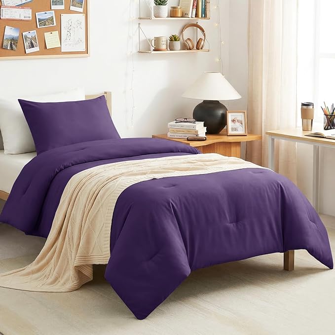 CozyLux Twin Comforter Set Purple, 2 Pieces Twin Extra Long Solid Breathable Bedding Sets for College Dorm, Twin XL Luxury Soft Bed Set with Down Alternative Comforter and 1 Pillowcase All Seasons
