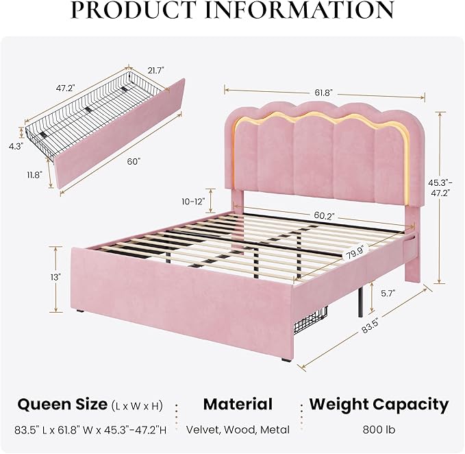SHA CERLIN Upholstered Queen Size Bed Frame with LED Lights and Large Storage Drawer, Velvet Platform Bed with Adjustable Wavy Headboard, Noise Free, Easy Assembly, No Box Spring Needed, Soft Pink