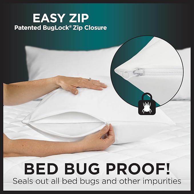 Protect-A-Bed AllerZip Queen 20" x 30" Pillow Protectors (Set of 2), Bed Bug and Dust Mite Proof, Noiseless and Odor-Resistant Pillow Covers, 100% Waterproof, Machine Washable