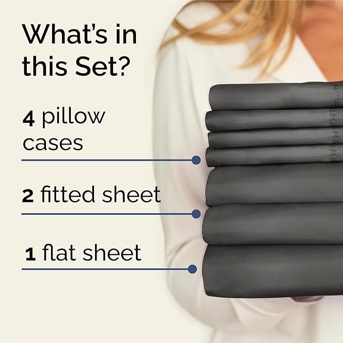 Split King 7 Piece Sheet Set - Comfy, Breathable & Cooling - Soft Hotel Luxury Bedding for Women, Men, Kids, Teens and Children - 1 Flat & 2 Fitted Sheets & 4 Pillowcases with Deep Pockets - Charcoal