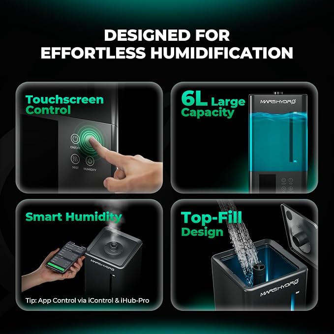 MARS HYDRO 2026 New Plant Humidifier 6L,with Adjustable Humidity,Timer Function,Ultrasonic Precise and Silent Operation,No-Leak Seal for Grow Tent,Indoor Planting,Greenhouse