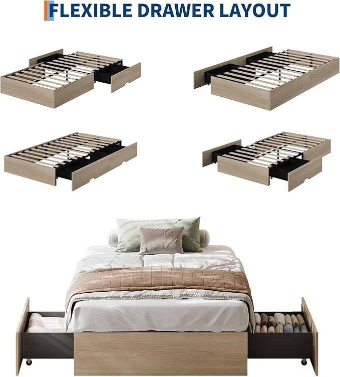 GarveeHome Twin Size Wood Platform Bed Frame with 2 Storage Drawers, Wooden Bed Frame Without Headboard, Wood Slat Support, No Box Spring Needed, Easy Assembly