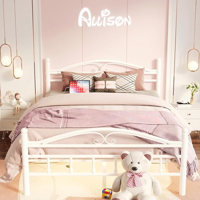 12 Inch Full Size Bed Frame with Charging Station,White Metal Platform Bed Frame with LED Lights,Heavy Duty Metal Steel Slats Support,No Box Spring Needed,Noise Free,Easy to Assemble