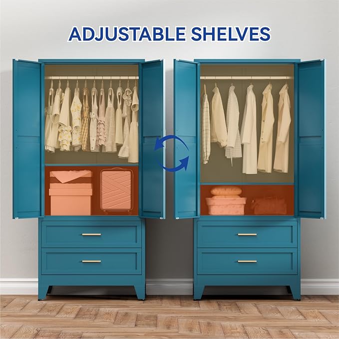 COFaR Armoire Wardrobe Closet with Drawers & Hanging Rod, 71'' Metal Wardrobe Closet with Doors & Adjustable Shelf, Farmhouse Wardrobe Cabinet for Bedroom Home Office, Peacock Blue