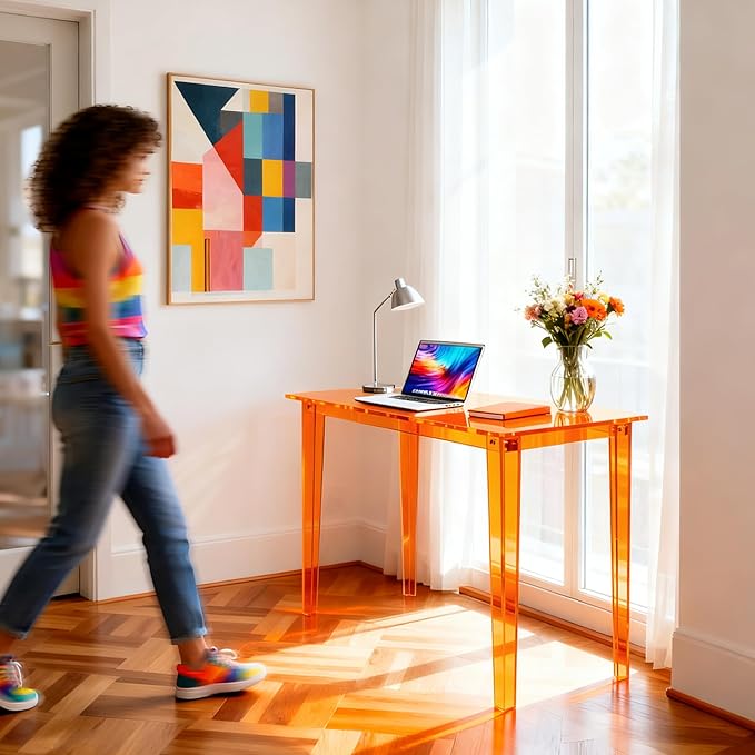 Acrylic Desk, Clear Modern Writing Table for Home Office (Orange, Nomal)