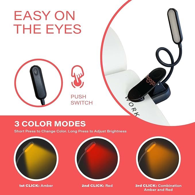 hooga Amber Book Light – Blue Light Blocking Reading Light for Bed, Stepless Dimming, Rechargeable Clip-On Night Light, 1600K Amber & 625nm Red LED for Night Reading