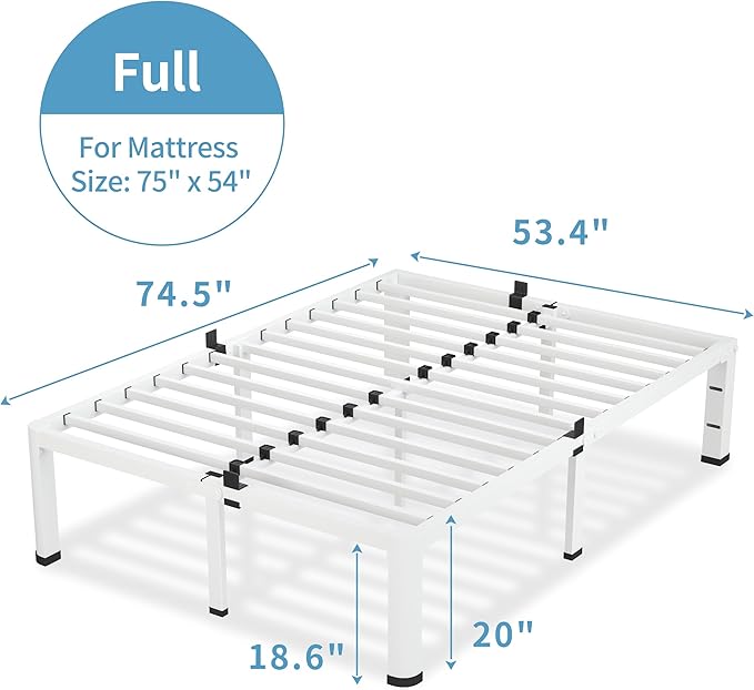 VIPSHOW 20 Inch Full Size White Bed Frame, 3500Lbs Heavy Duty Metal Platform with Round Corner Legs Mattress Slide Stopper, Steel Slat Support No Box Spring Needed, Noise Free, Non-Slip, Easy Assembly