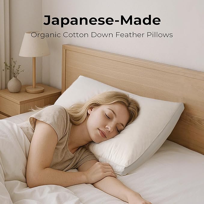 UNIKOME White Goose Down Feather Gusseted Pillows - 100% Organic Cotton Cover - King Size Pillow Set of 2, Made in Japan Pillow for Sleeping