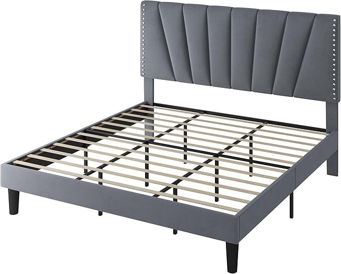 SHA CERLIN King Size Bed Frame with Adjustable Upholstered Velvet Rivets Headboard, Sturdy Wooden Slats, Strong Platform Support for Mattress, No Box Spring Needed, Easy Assembly, Grey