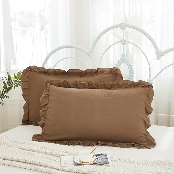 Brown Pillow Shams Coffee Brown Ruffle Queen Pillowcases Cute Pillow Cover Set of 2 Shabby Chic Soft Pillowcases 2 Pack (Queen (20''x30'')