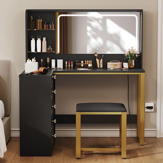 YITAHOME Vanity Desk Set- L Makeup Vanity with Mirror and Lights 3 Lighting Modes, 48" Large Makeup Table with 5 Tempered Glass Drawers with Open Storage Shelves Vanity Table, Black