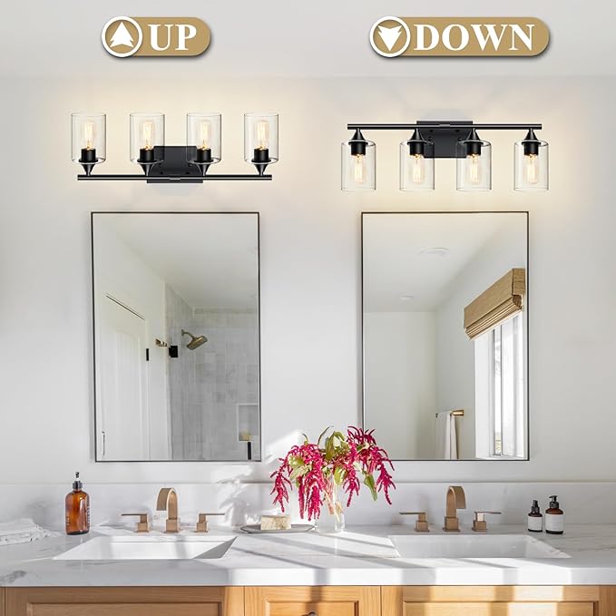 4-Light Bathroom Light Fixtures,Black Bathroom Vanity Light,Bathroom Lights Over Mirror with Clear Glass Shade,Modern Sconce Wall Lighting for Mirror Bedroom Vanity Hallway