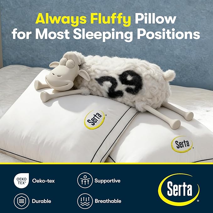 Serta Hotel Collection Bed Pillows Queen/Standard Size Set of 2, 400 Thread Count 100% Cotton Cover, Medium Soft, Support Gusseted Down Alternative Pillow for Back, Stomach or Side Sleepers, 18" x 26"