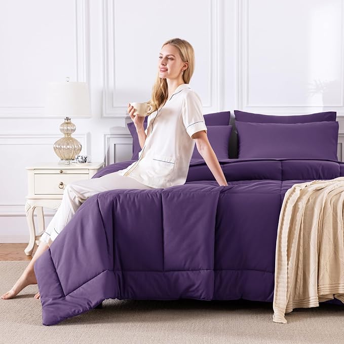 CozyLux King Size Comforter Set Purple, 7 Pieces Bed in a Bag, Purple Comforter King Size, All Season Bedding Sets with Stitch Quilted Comforter, Flat Sheet, Fitted Sheet, Pillowcases