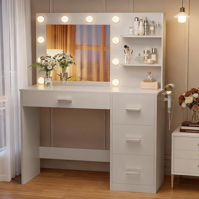 YESHOMY Vanity Desk with Mirror, 10 Lights, Power Outlet and 3 Storage Shelves, Makeup Table with 4 Drawers, 3 Color Modes, for Bedroom, Pure White
