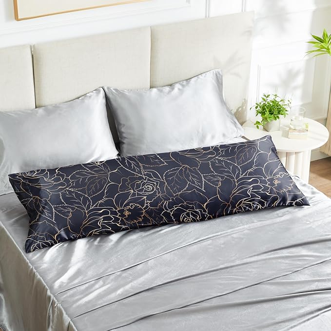 EXQ Home Satin Body Pillowcase for Hair and Skin- Rose on Blue Silk Long Pillowcase 20x54 inches - Satin Pillow Cases with Envelope Closure, Gifts for Women