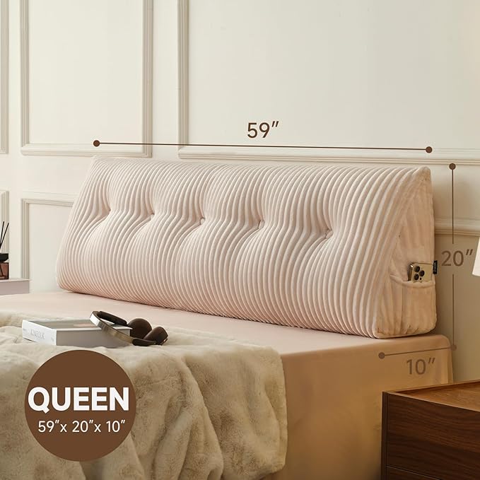 Z-hom Large Headboard Pillow Queen, NO ROLL Pillow, Wedge Pillow Headboard for Sitting Up in Bed, Backrest Support Triangular Cushion for Reading, Gap Pillow w/Removable Washable Cover,Cream