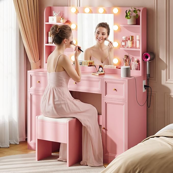Large Vanity Desk with Mirror and Lights, Makeup Vanity with Power Outlets, 3 Drawers and 2 Large Cabinets, 3 Lighting Modes Adjustable Brightness, Dressing Table for Women Girls, Pink