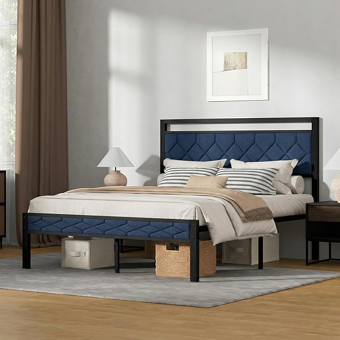 Z-hom Easy Assembly Upholstered Platform Bed Frame with Soft Padded Headboard, Modern Linen Fabric Mattress Foundation, No Box Spring Needed, Noise-Free & Sturdy Metal Support, Queen Size (Blue)