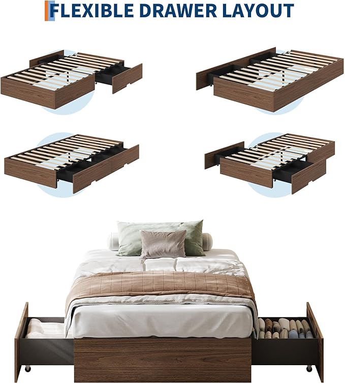IDEALHOUSE Twin XL Bed Frame with 2 Storage Drawers, Wooden Bed Frame Without Headboard, Minimalist Floor Platform Bed, Wood Slat Support, Noise Free, No Box Spring Needed, Easy Assembly