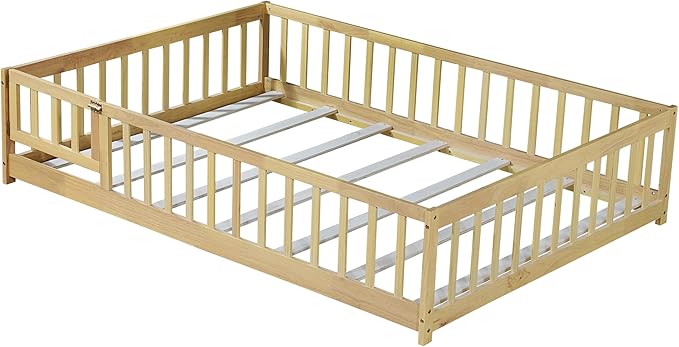 Bellemave Full Size Montessori Floor Bed Frame with Rails & Door, Solid Wood Kids Floor Bed Full with Removable Slats, Low Profile Montessori Bed for Children’s Sleep & Play, Natural