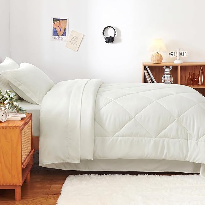 CozyLux Twin XL Comforter Set Ivory - 5 Pieces Twin Extra Long Bed in a Bag for College Dorm, All Season Bedding Set for Girls and Boys, Soft Bed Set with Comforter, Sheets, Pillowcase & Sham