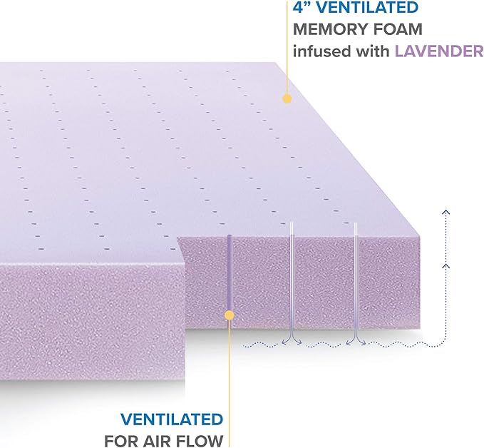 Mellow 4 Inch Ventilated Memory Foam Mattress Topper, Soothing Lavender Infusion, CertiPUR-US Certified, King