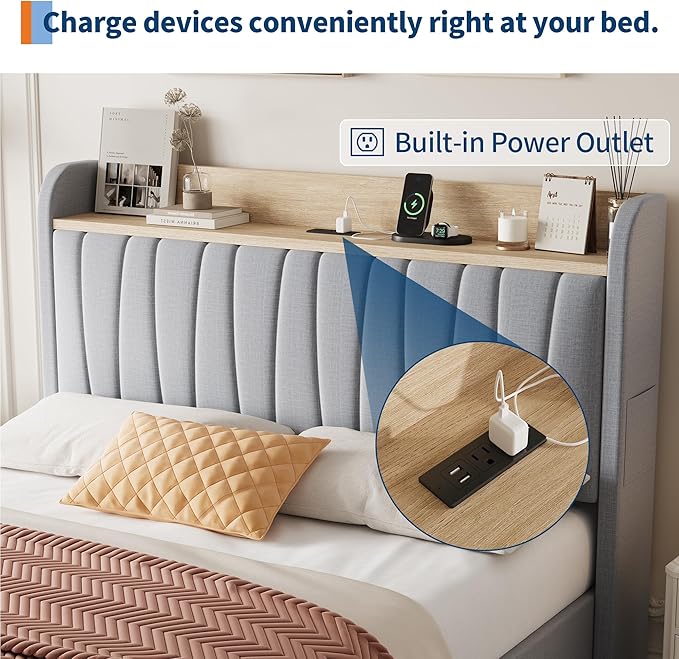 Garvee Upholstered Bed Frame Queen Size with Storage Headboard and Charging Station, Platform Bed Frame with Drawers, Heavy Duty, No Box Spring Needed, Easy Assembly, Light Grey