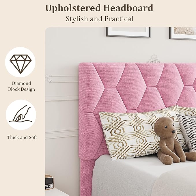 GarveeHome Pink Twin XL Bed Frame with Upholstered Headboard, Heavy-Duty Platform Bed Frame with Adjustable Headboard, Strong Wood Slat Support/No Box Spring Needed/Noise Free