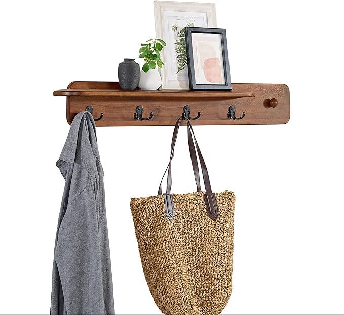 Alaterre Furniture Calais 36 Inch Wall Mount Coat Rack with Shelf with 4 Coat Hooks and Peg – Acacia Wood Wall Hangers (Chestnut)
