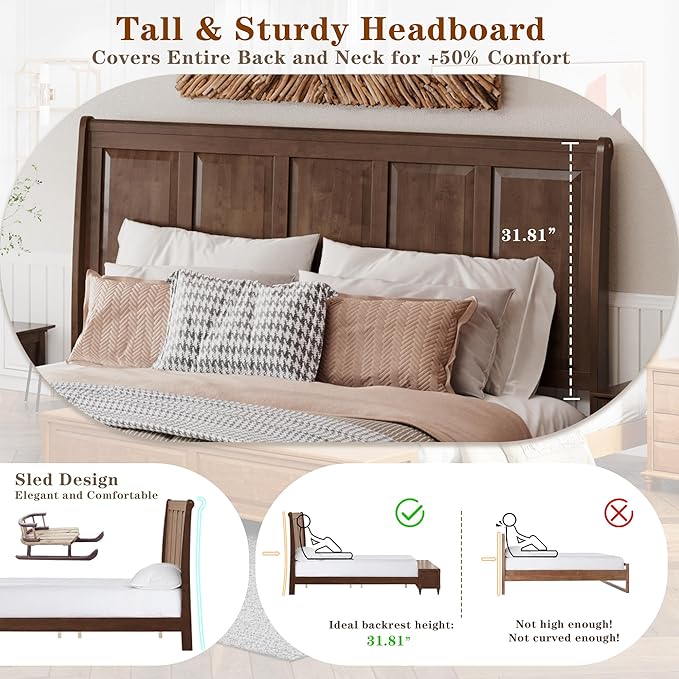 KEIKI King Size Platform Bed Frame with Storage Chest, Wooden Sleigh Bed with High Headboard and Footboard Storage Bench, Solid Wood Construction, No Box Spring Needed, Walnut Brown