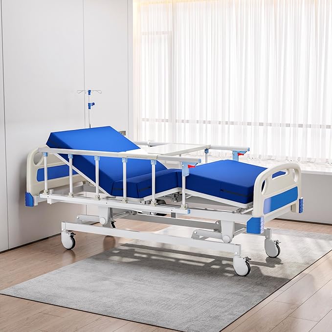 Premium Full Electric Hospital Bed for Home Use, 3 Function Medical Bed with 4.7” Foam Mattress, Height Adjustable, Individual Locking, Includes Tray and Sheets (2X) (3 Function)