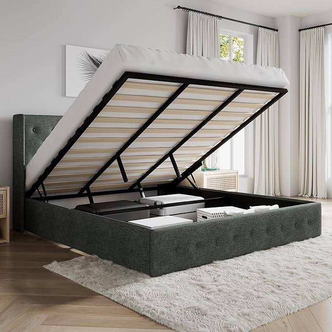 SHA CERLIN King Size Lift Up Storage Bed Frame,Button Tufted Wingback Headboard,Upholstered Platform,Hydraulic Storage,Wooden Slat Support,No Box Spring,Dark Grey