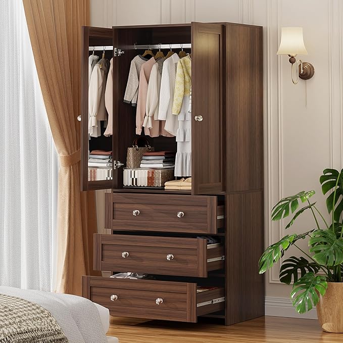VOWNER Armoire Wardrobe Closet with Drawers and Mirror, 71" Clothing Storage Cabinet with Hanging Rod, 2 Doors Wooden Wardrobe Cabinet for Bedroom, Large Capacity Storage