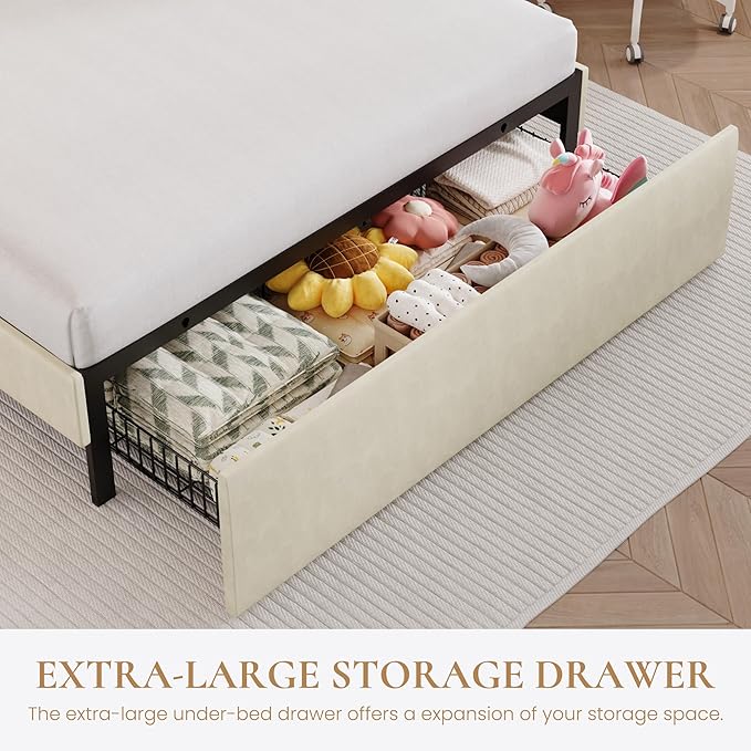 SHA CERLIN Upholstered Full Size Bed Frame with LED Lights and Large Storage Drawer, Velvet Platform Bed with Adjustable Wavy Headboard, Noise Free, Easy Assembly, No Box Spring Needed, Soft Cream