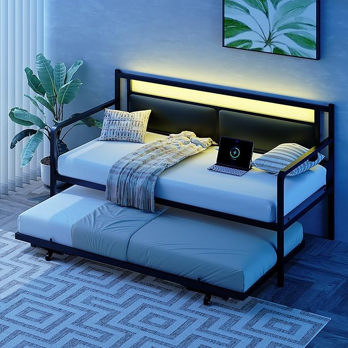VINGLI Twin Daybed with Pop Up Trundle,Sofa Day Bed with LED Light & Charing Station,Pull Out Bed with Steel Slat Support & Upholstered Headboard, Platform Bed Frame, Black