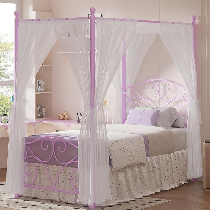 VECELO Metal Canopy Bed Frame Twin Size, 4 Posters Platform Mattress Foundation with Headboard, Heavy Duty Steel Slats Support, No Box Spring Needed, Purple