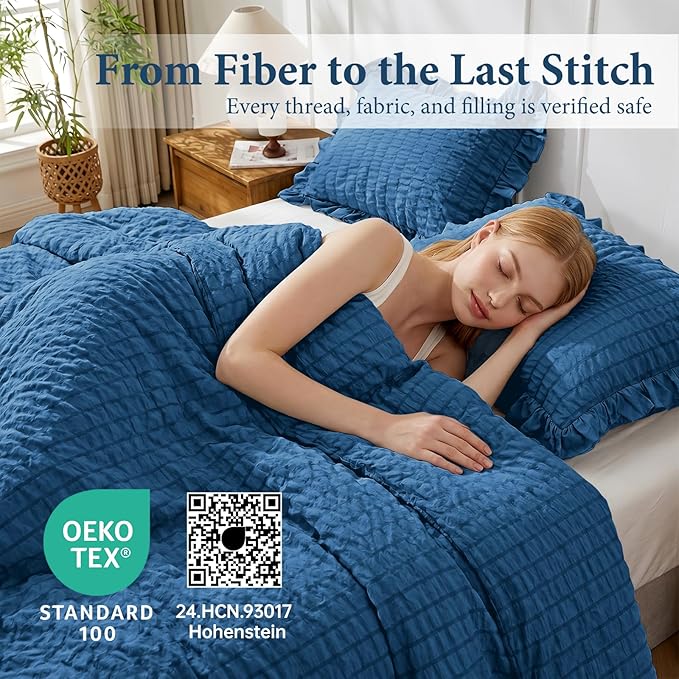 JOLLYVOGUE Teal Twin Size Comforter Set, 2 Pieces Seersucker Lightweight Fluffy Bedding Set, Twin Ruffle Comforter, All Season Soft Microfiber Shabby Chic Bed Set