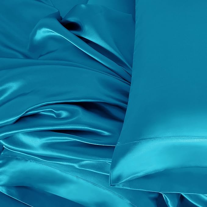 Homiest 3pcs Satin Sheets Set Luxury Silky Satin Bedding Set with Deep Pocket, 1 Fitted Sheet + 1 Flat Sheet + 1 Pillowcase (Twin Size, Turquoise)