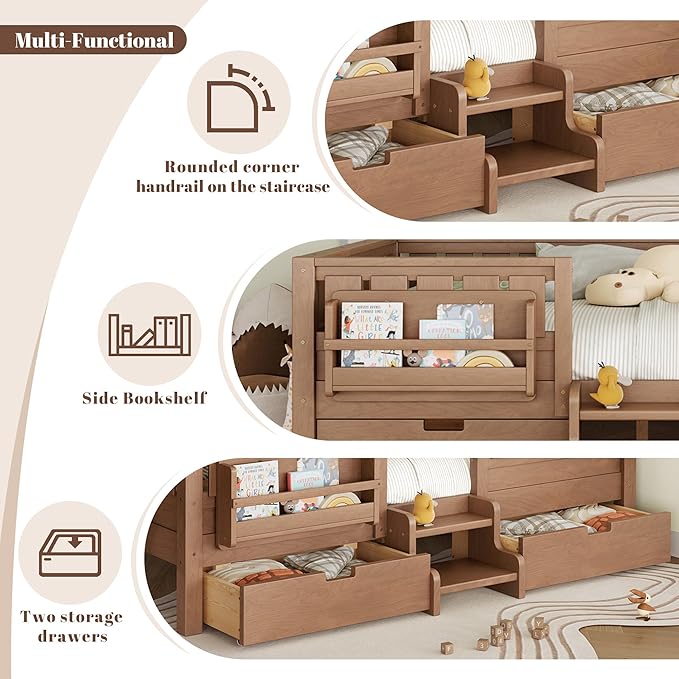 Bellemave Queen Bed with Storage Drawers & Bookshelf, Low Profile Kids Bed Frame with Staircase & Full Length Guardrails, Solid Wood Queen Bed for Kids with Slats Load 550LBS, Easy Assembly, Oak Brown