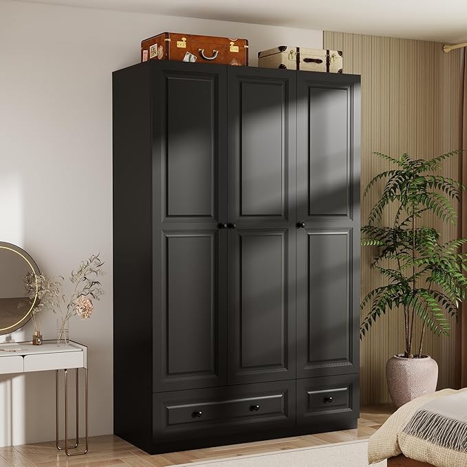 Armoire Wardrobe Closet with Drawers: 74" Black Wardrobe Close with 3 Doors, Tall Armoire with Hanging Rod, Large Wood Clothes Cabinet for Bedroom (Black, 47") (Black, 47")