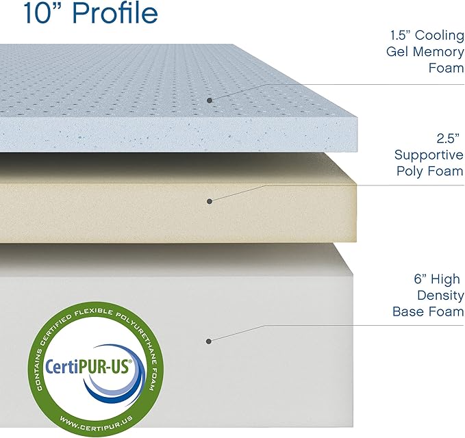 COOL GEL Memory Foam 10-Inch Mattress, CertiPUR-US Certified, Mattress in a Box, King, White
