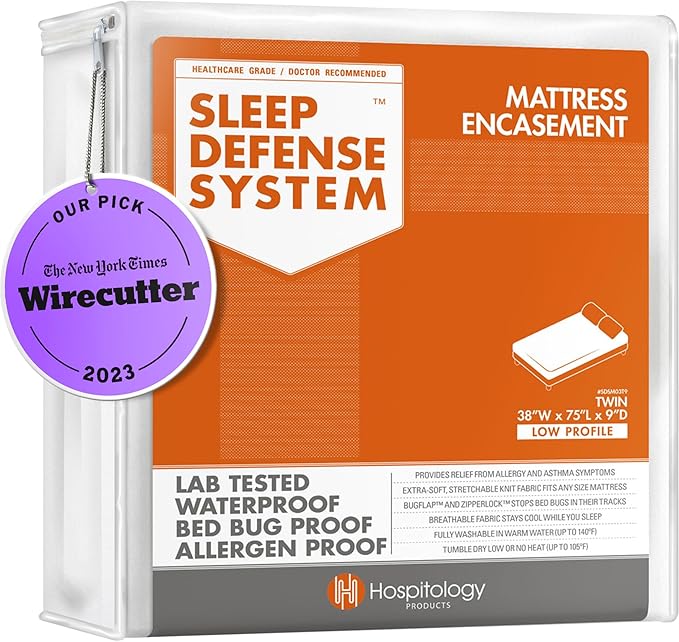 HOSPITOLOGY PRODUCTS Zippered Mattress Encasement - Sleep Defense System - Twin - Waterproof - Stretchable - Low Profile 9" Depth - 38" W x 75" L