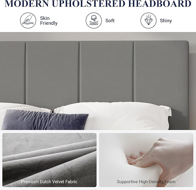 Allewie Queen Size Dutch Velvet Upholstered Platform Bed Frame/Vertical Channel Tufted Adjustable Headboard/Low Profile Bed Frame/No Box Spring Needed/Easy Assembly/Grey