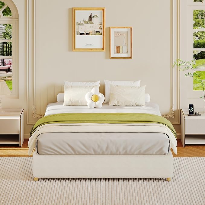 Twin Size Cloud Bed Frame，Teddy Fleece Low Bed Frame Without Headboard, Thick Boucle Fabric Upholstered Platform Bed, Solid Wood Legs, No Box Spring Needed, Never Squeak, Easy Assembly, Cream